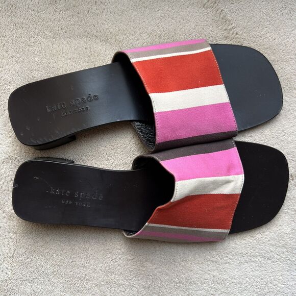 Kate Spade Pink Red White Brown Striped Fabric Slide Flat Sandals Women’s 7 B - Picture 3 of 16